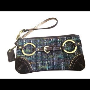 COACH BrownGreen Tweed Wool Suede Leather Wristlet