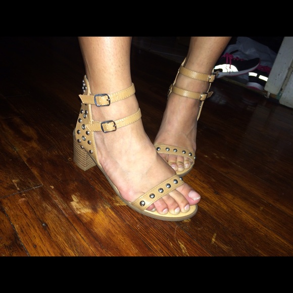 Studded tan small block heel sandal