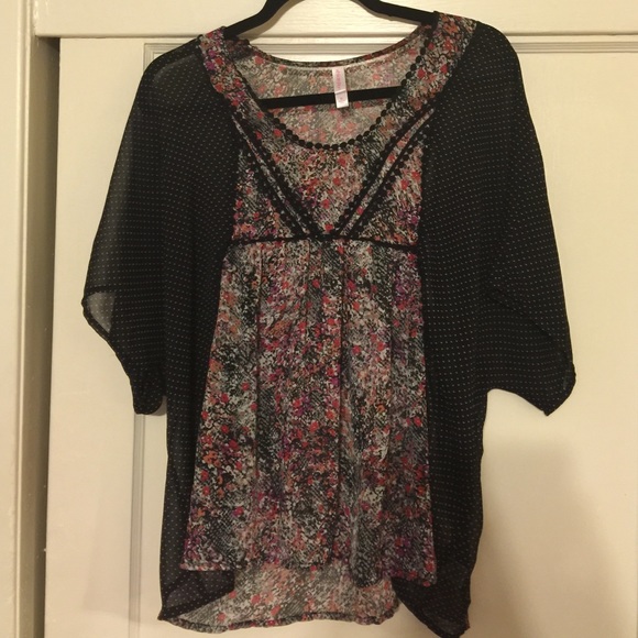 Sheer floral print with black and white polkadots