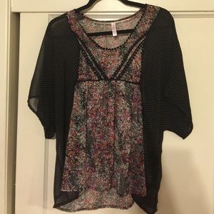 Sheer floral print with black and white polkadots