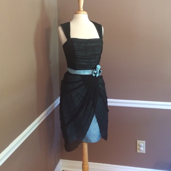 Turquiose blue with black sheer cocktail dress