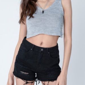 high waisted black distressed shorts