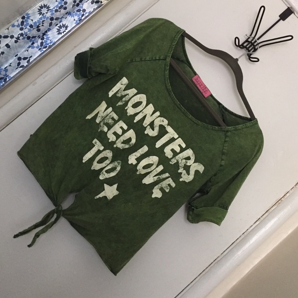 green "Monsters need love too" crop top 🐲