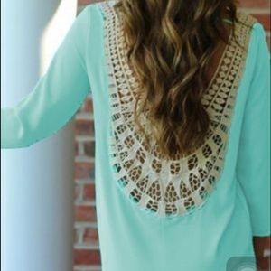 Blue Lace Long-sleeved Shift Dress