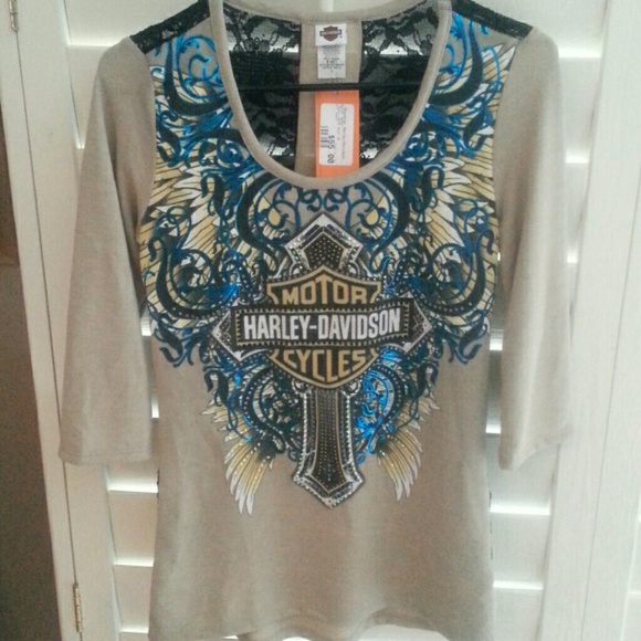 HARLEY Rhinestone Cross Shirt Sz Large