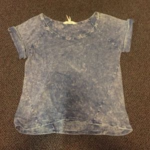 "Distressed" blue swoop neck top, size small