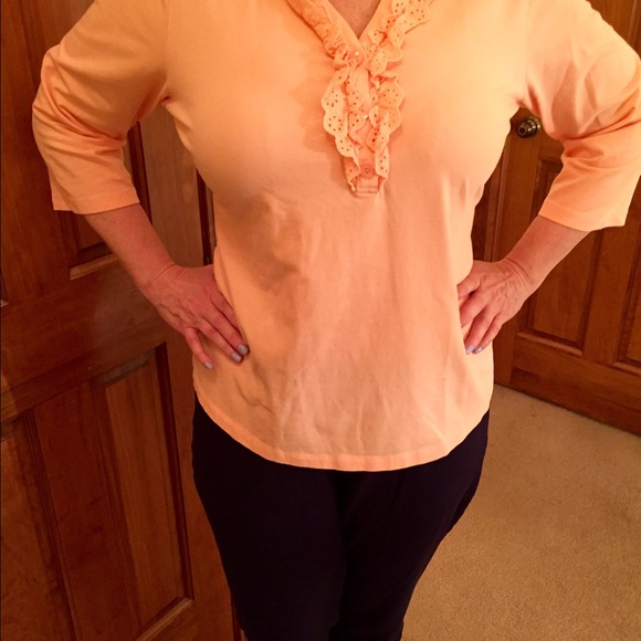 Peach, 3/4 sleeve, ruffled V neck T shirt!