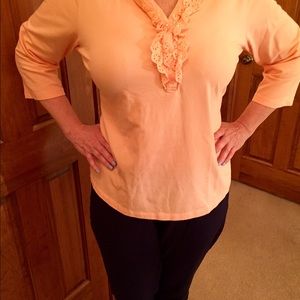 Peach, 3/4 sleeve, ruffled V neck T shirt!