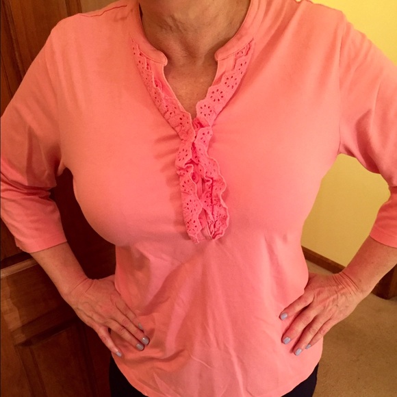 Adorable, pink, 3/4 sleeve, ruffled V neck T shirt