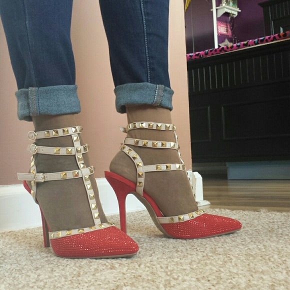 Red and gold rock stud heels