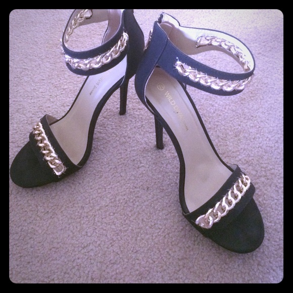 Black strapped gold chain heels