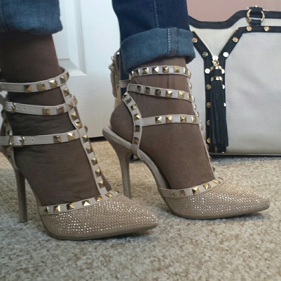 Nude and gold studded heels