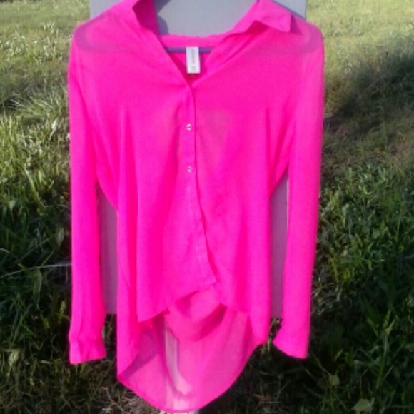 SOLD Neon pink sheer cutout hi low button down top