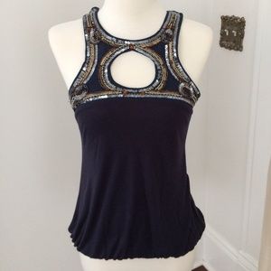 Mango Navy Sleeveless Sequin Top