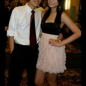 Black and light pink/champagne ruffle mini dress