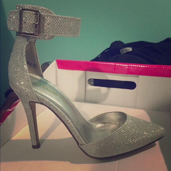Silver 4 in. heels with ankle strap