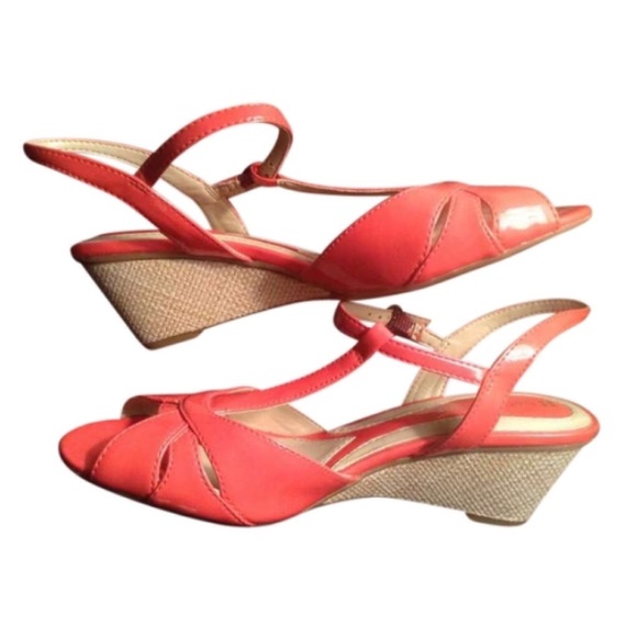 Coral patent wedge sandals, size 6.5