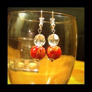 Handcrafted red wooden bead earring.