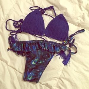 Brazilian peacock print/crochet Bikini
