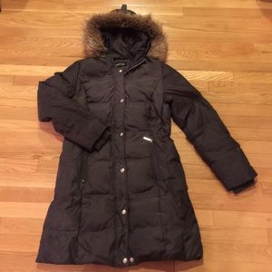 Long charcoal down parka with fur lined hood, Sz M