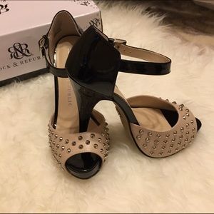 Spike Studded Black & Nude Peep Toe Pumps