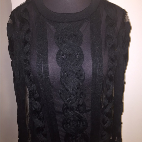 Black mesh sheer sweater with fabric designs