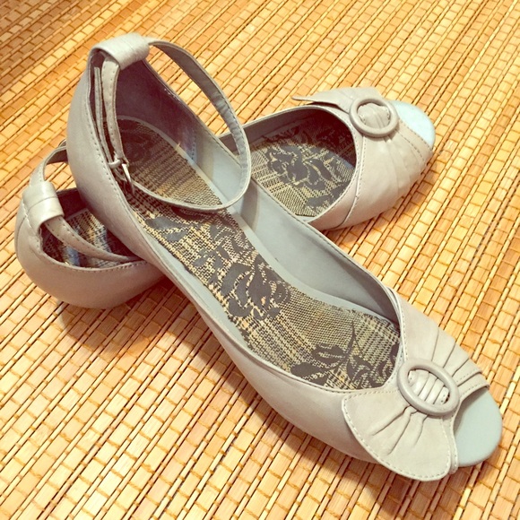 Light grey peep-toe flats with ankle strap