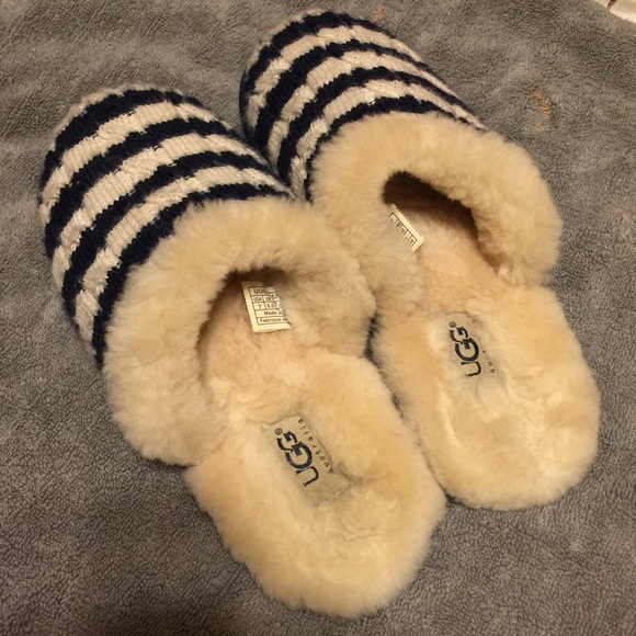 Navy and white striped UGG slippers