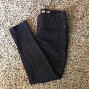 Dark blue dark wash jeans.