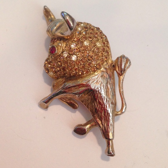 Antique Rhinestone Buffalo Brooch Red Eye Perfect