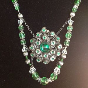 Antique Green Rhinestone Filigree Necklace Perfect