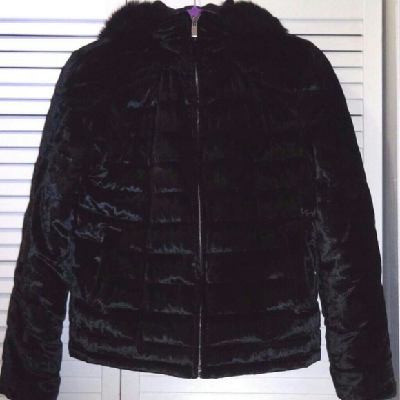 BEBE JACKET coat rabbit fur trim BLACK, hooded - Picture 1 of 4