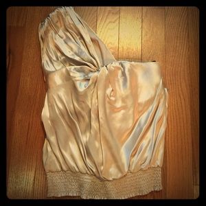 Bebe Champagne colored silk one shoulder top
