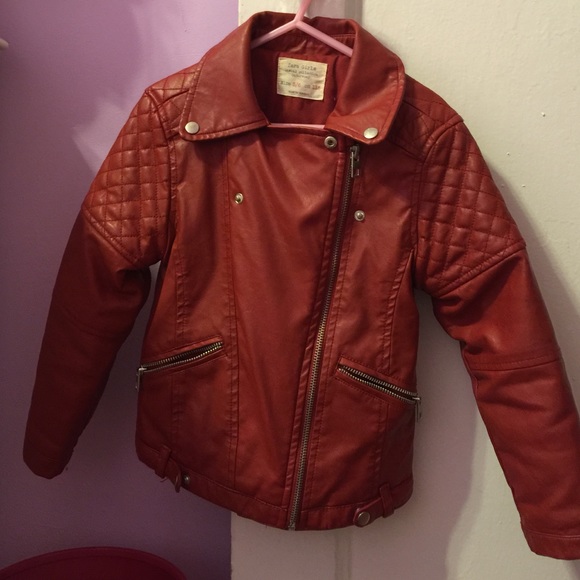 Girl Zara red leather motorcycle jacket