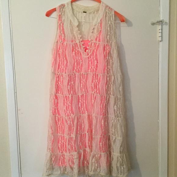 Free People Lace Dress with Coral Slip