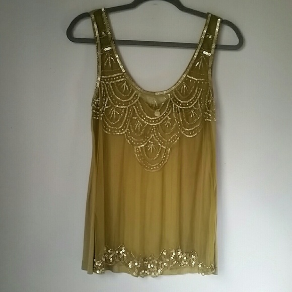 BKE Boutique Sheer Beaded Olive Green Tank