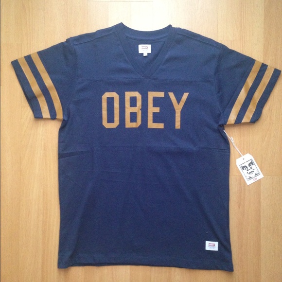 Obey Tops - Obey blue/mustard football tee NWT