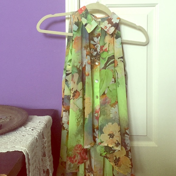 Green and red floral sheer collared button-up