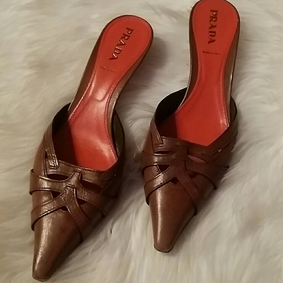 Lowered $ Prada leather brown sling kitten heels