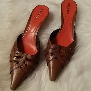 Lowered $ Prada leather brown sling kitten heels