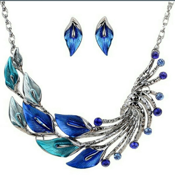 Blue and silver peacock necklace and earrings set