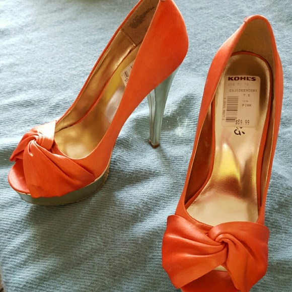 Orange and gold peep toe heels