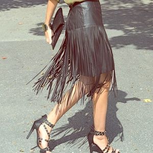 Vegan leather fringe skirt