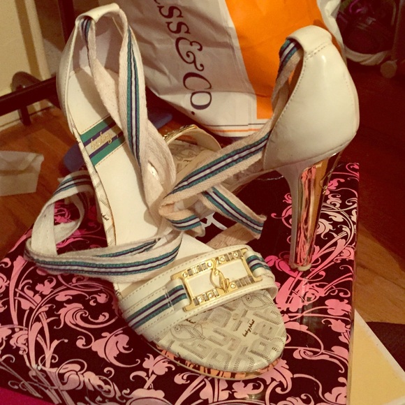 Baby phat white sandal. Tie ankle gold heel.