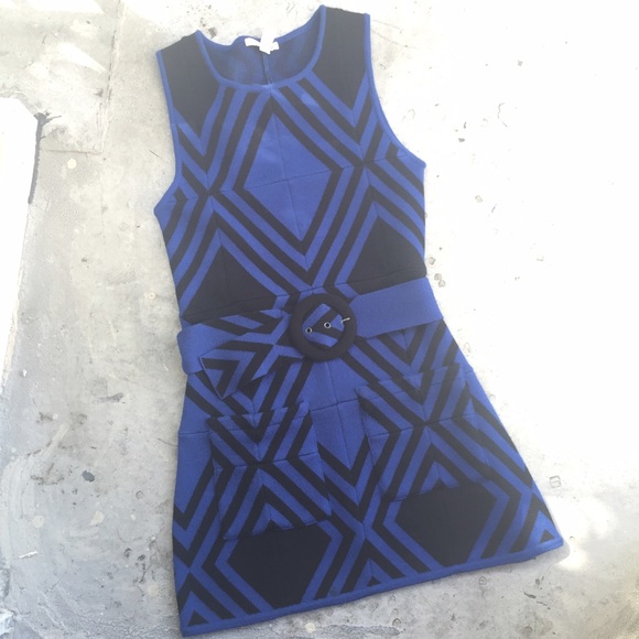 Alice + Olivia Black and Blue Print Wool Dress - Picture 2 of 4