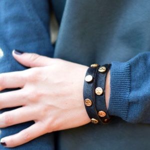 Tory Burch Logo Studded Calf Hair Wrap Bracelet