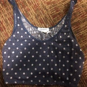 Navy blue and white polka dotted crop top