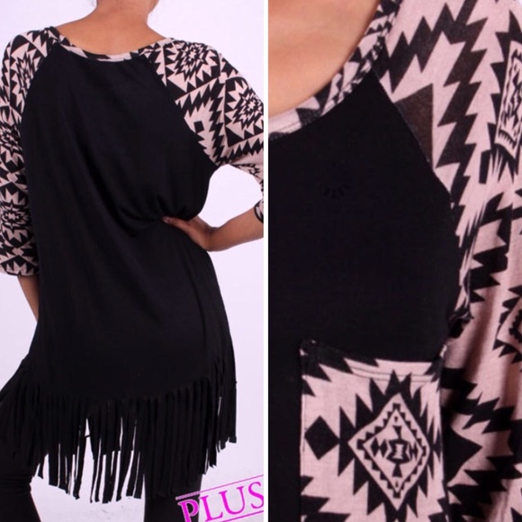 FRINGE BOTTOM AZTEC PRINT IN CREME & BLACK - Picture 2 of 2