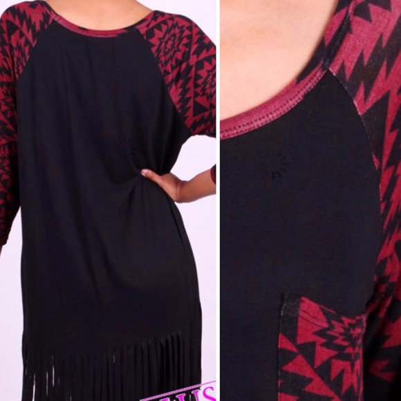 FRINGE HEM AZTEC DETAIL TOP IN BURGUNDY & BLACK - Picture 2 of 2