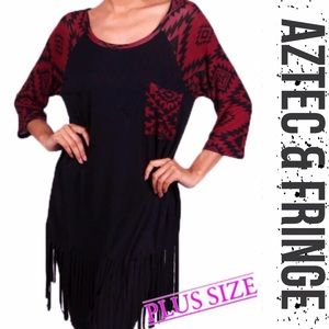 FRINGE HEM AZTEC DETAIL TOP IN BURGUNDY & BLACK